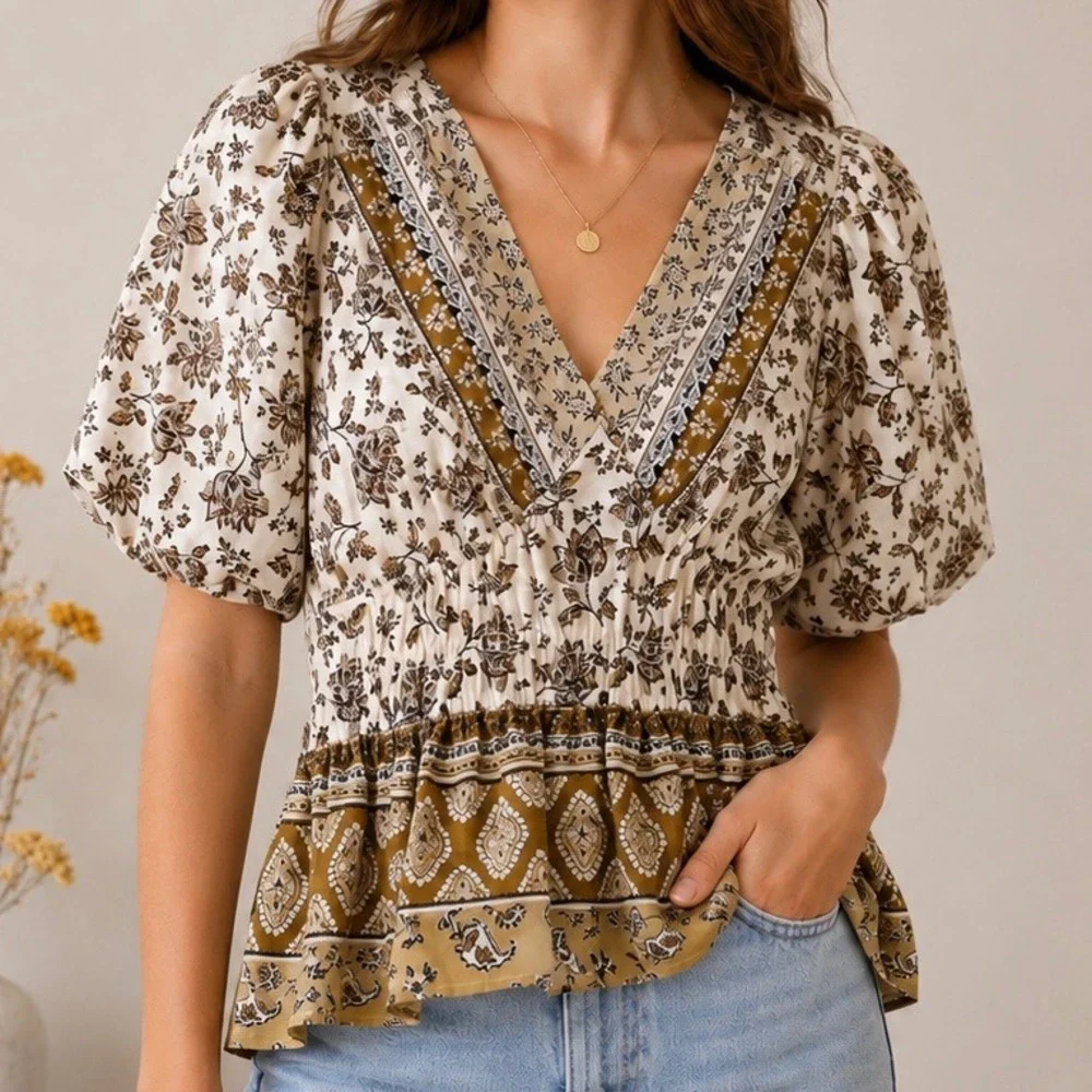 LOFT Floral Boho Peplum Blouse Small Cottagecore Puff Sleeve V Neck Top NWT